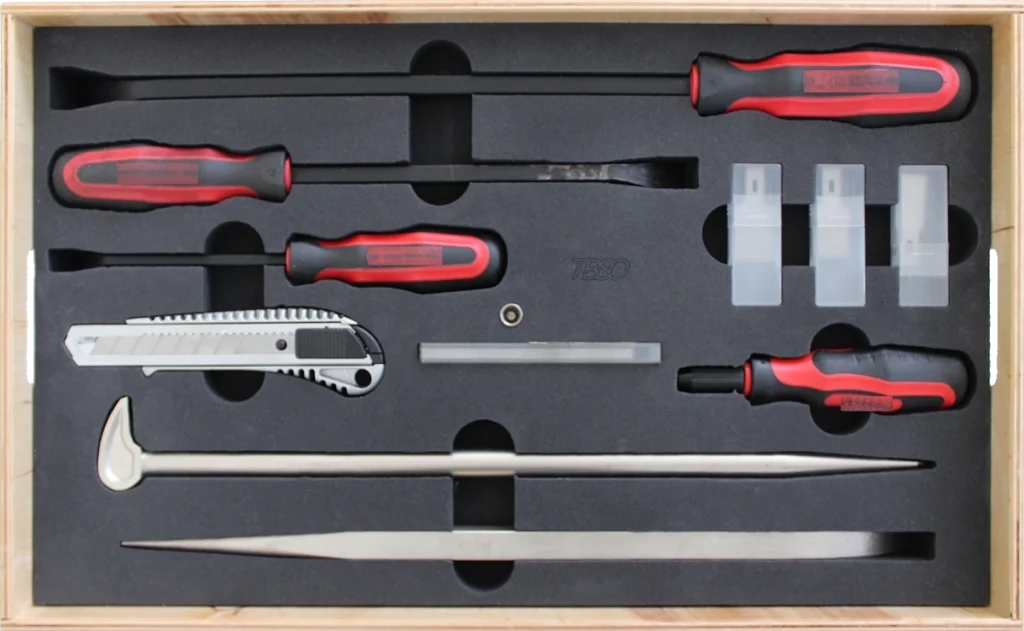 TBSO Werkzeugträger mit passgenauer PE‑Einlage (Shadowboard) für Hebelwerkzeuge, Schaber, Cutter‑Messer und Spezialhebel in verschiedenen Größen.
