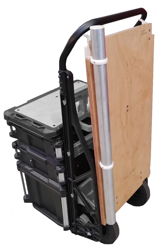 Sackkarren‑Systemlösung mit eingehängtem Tisch in Transportposition.
